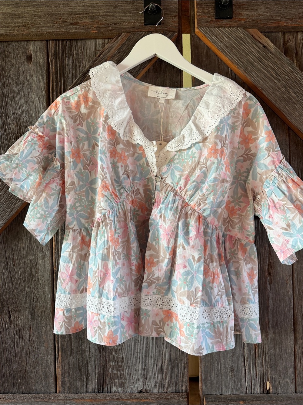 Women’s Peasant Crop Top with Lace Collar - Pastel Multi